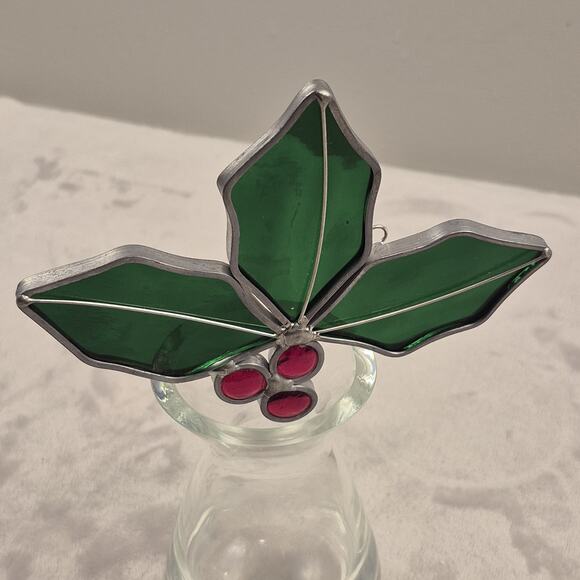 Vtg Christmas Holly Plant Stained Glass Suncatcher Hand Made Window Decoration - Picture 5 of 6
